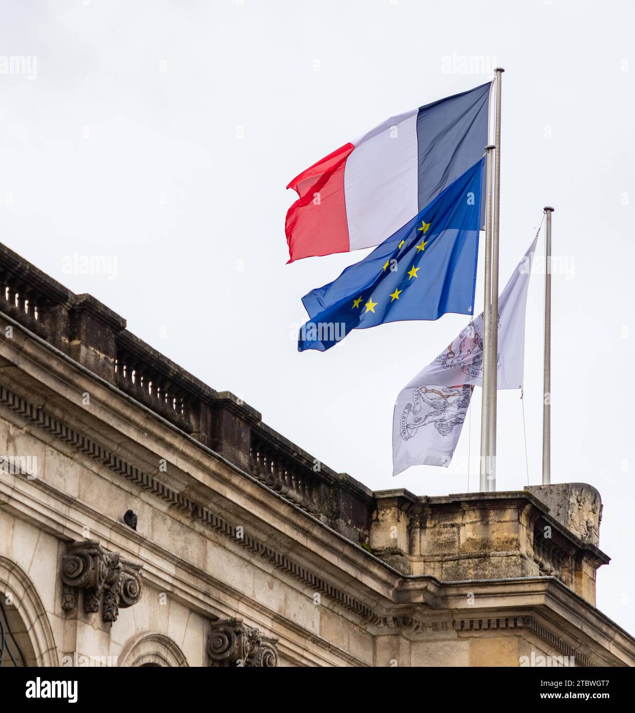 A picture of the French flag on the entrance of Bordeaux's City Hall Stock Photo