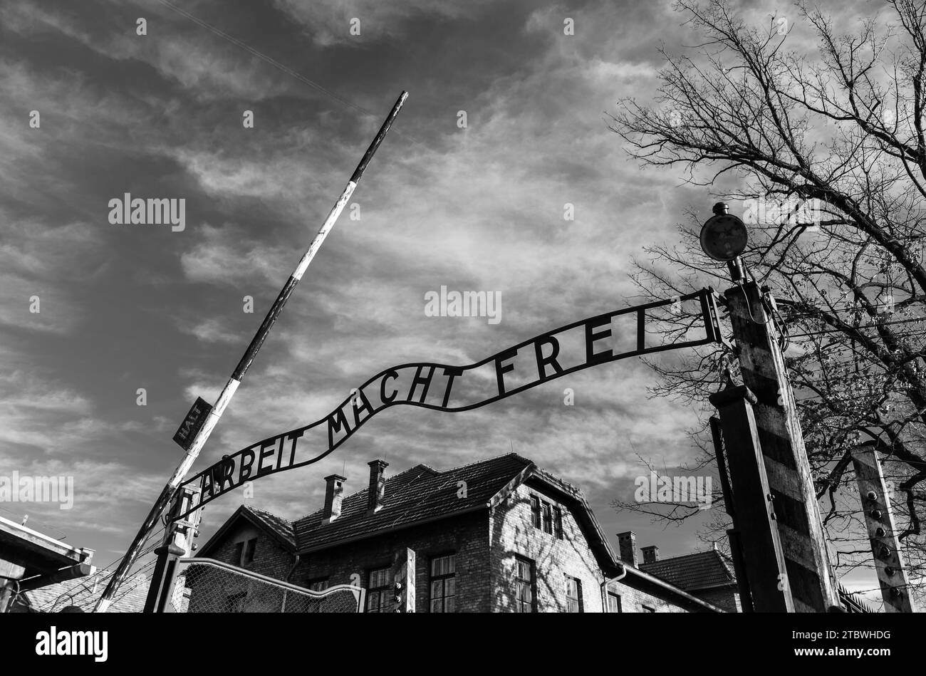 A black and white picture of the gate sign at Auschwitz I Stock Photo