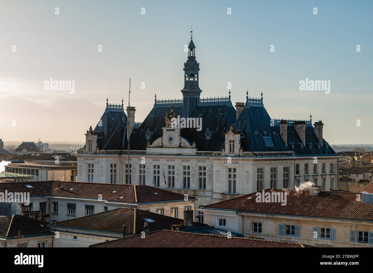 A picture of the Niort City Hall as seen from above the rooftops Stock Photo