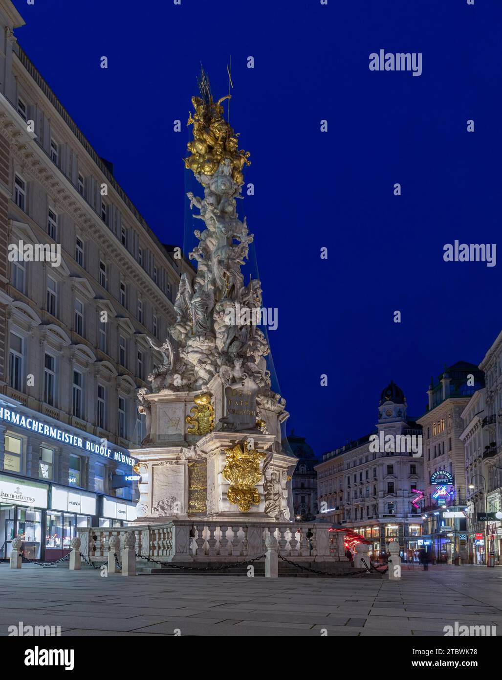 A picture of the Plague Column, in Vienna, at night Stock Photo
