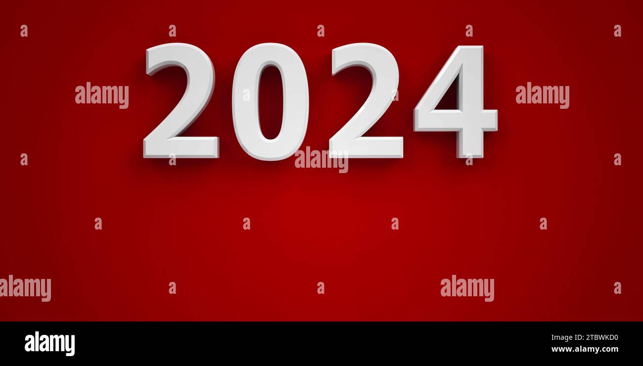 White number 2025 on red background represents new year 2025, three