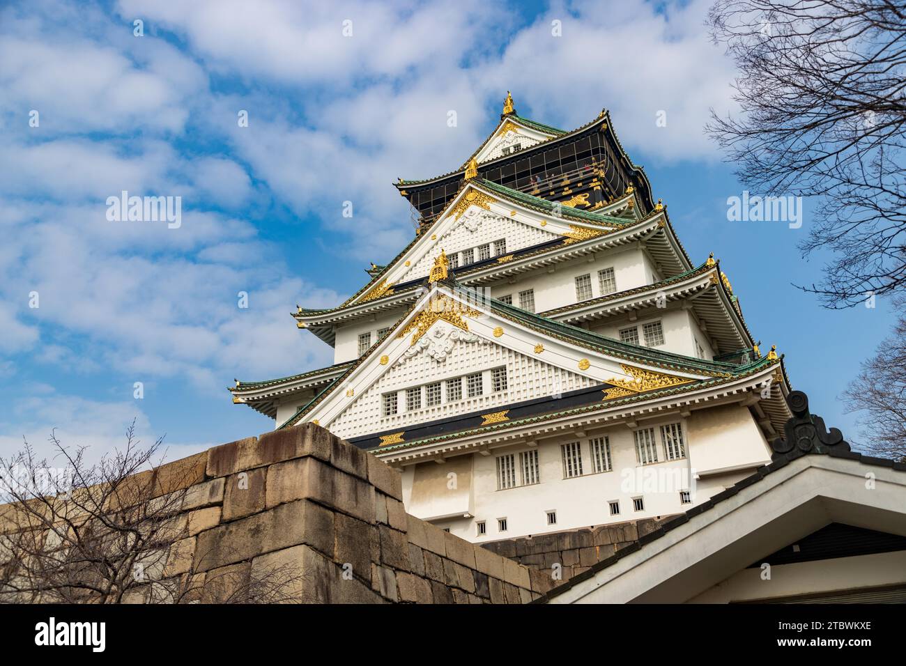 A picture of the Osaka Castle and taken from the square below Stock Photo