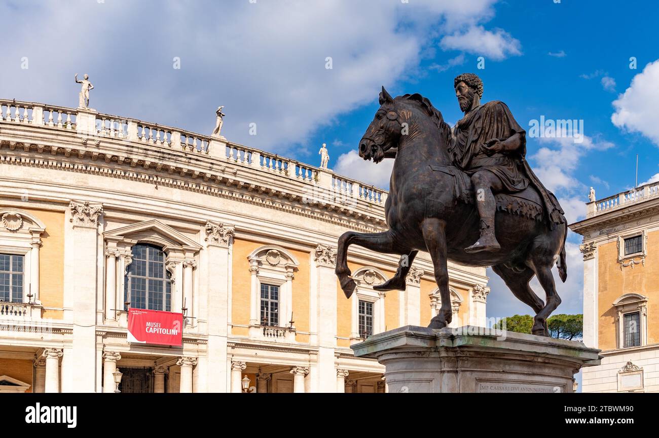 A picture of the Equestrian Statue of Marcus Aurelius at the center of Campidoglio Square Stock Photo