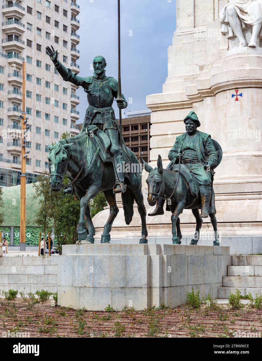 A picture of the Monument to Miguel de Cervantes focused on Don Quijote and Sancho Panza Stock Photo