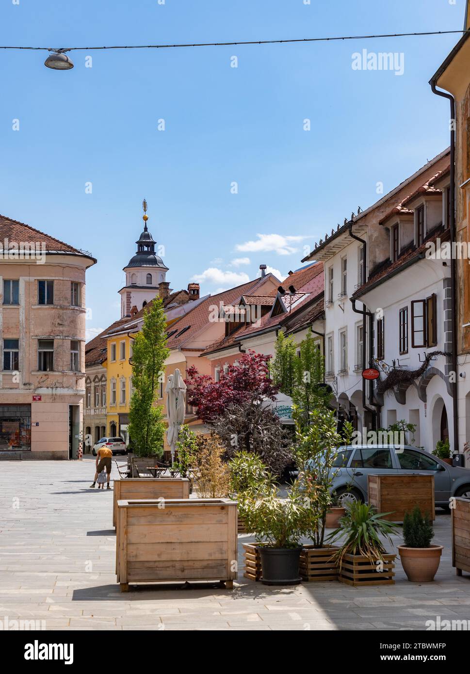 A picture of some plants and facades at the Kranj Main Square Stock Photo