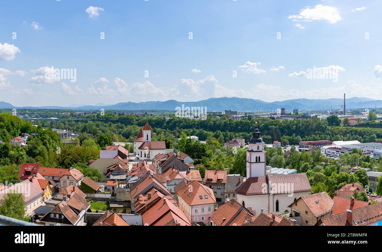 A picture of South Kranj and surrounding landscape, along with some of its old town landmarks Stock Photo