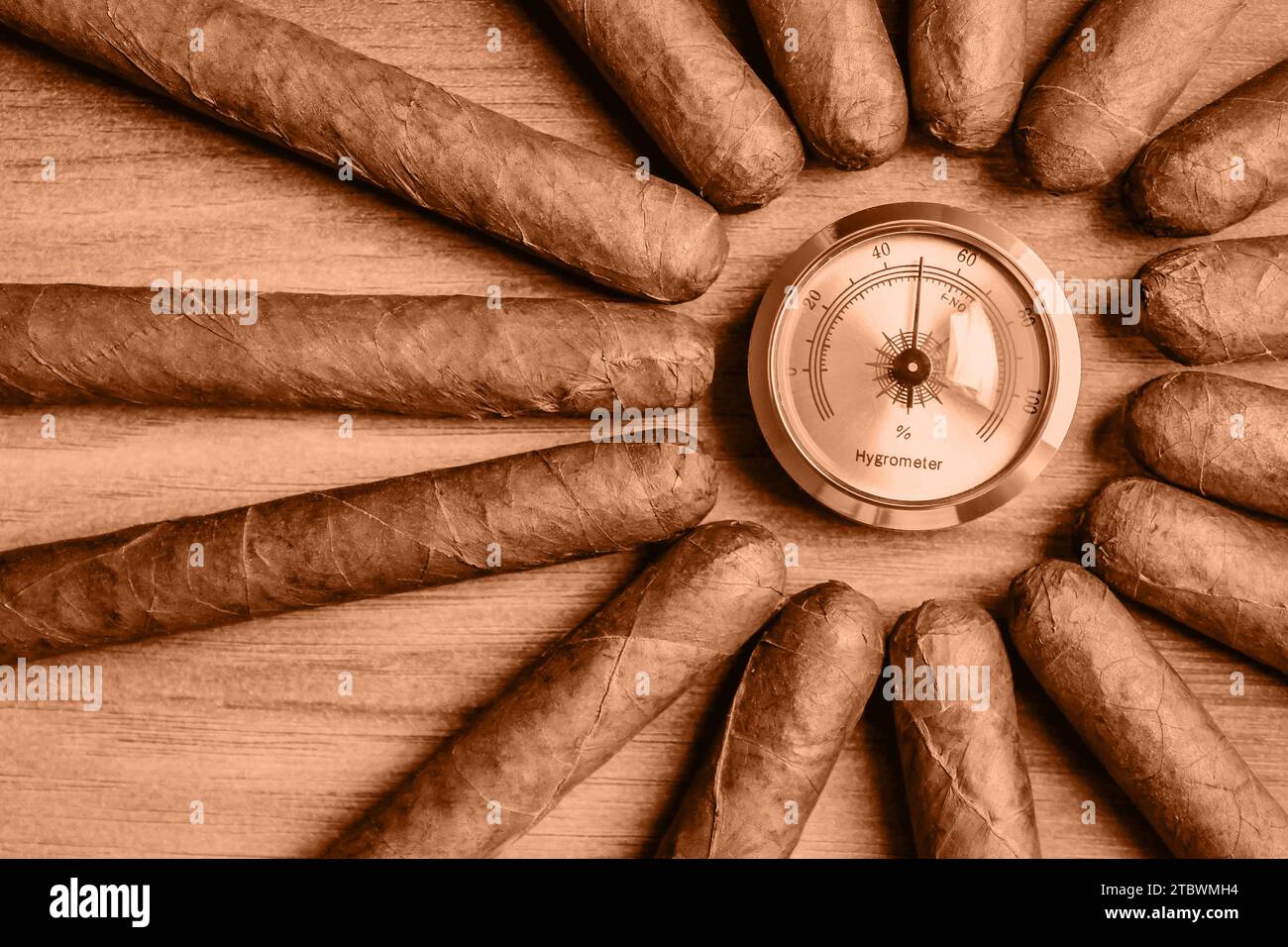 Cigars with humidor hygrometer on the wooden background. Image toned in Peach Fuzz color of the year 2024 Stock Photo