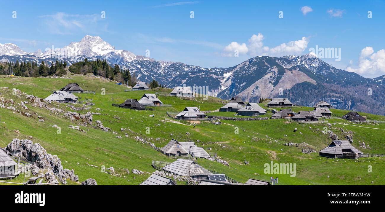 A picture of the landscape of Velika Planina, or Big Pasture Plateau, and its herder huts Stock Photo