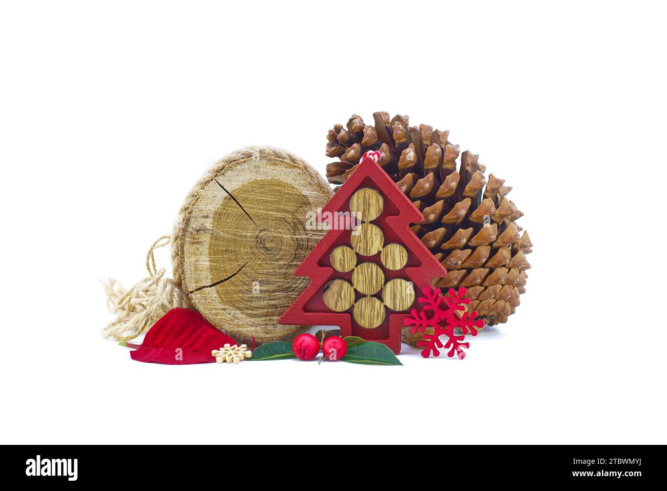 Wooden decorations for christmas with small red christmas tree and