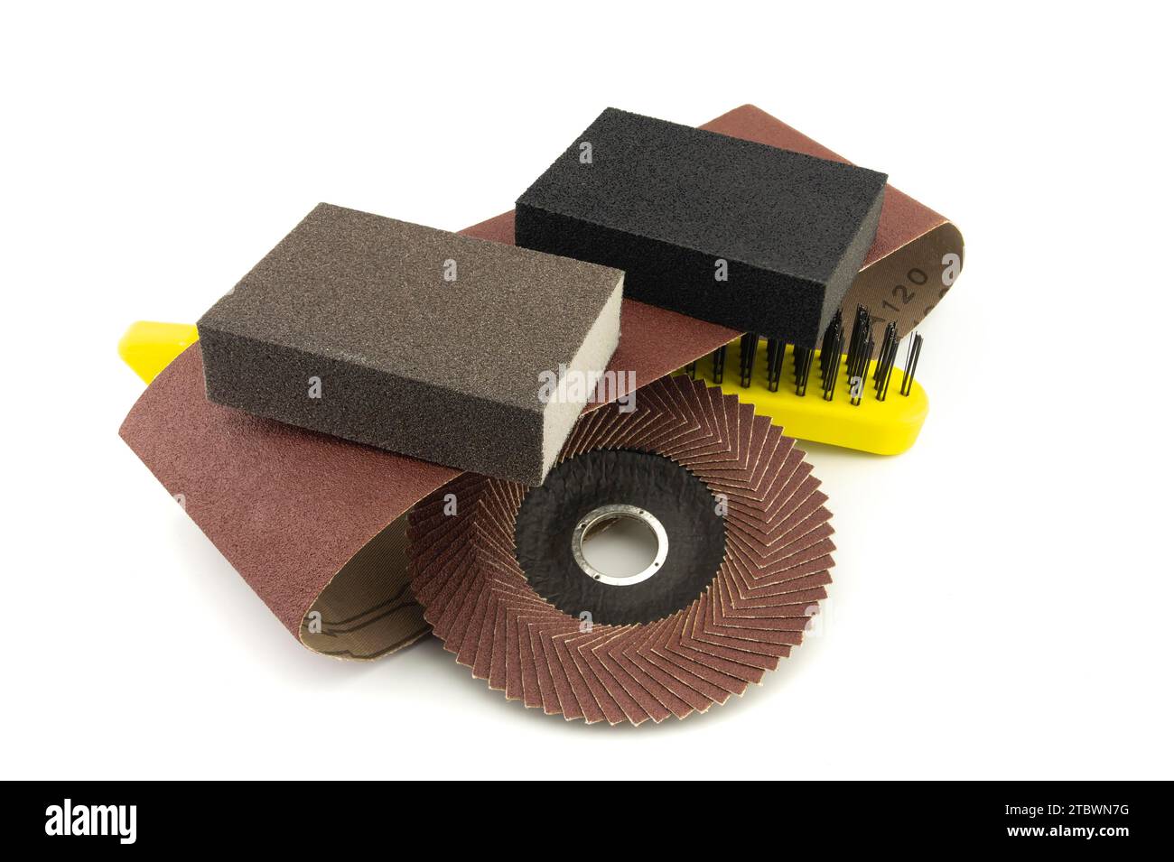 Set of different tools for grinding, sanding belt, metal wire bristle