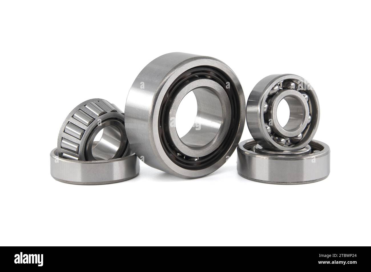 Set of various ball and roller bearings on white background. Car