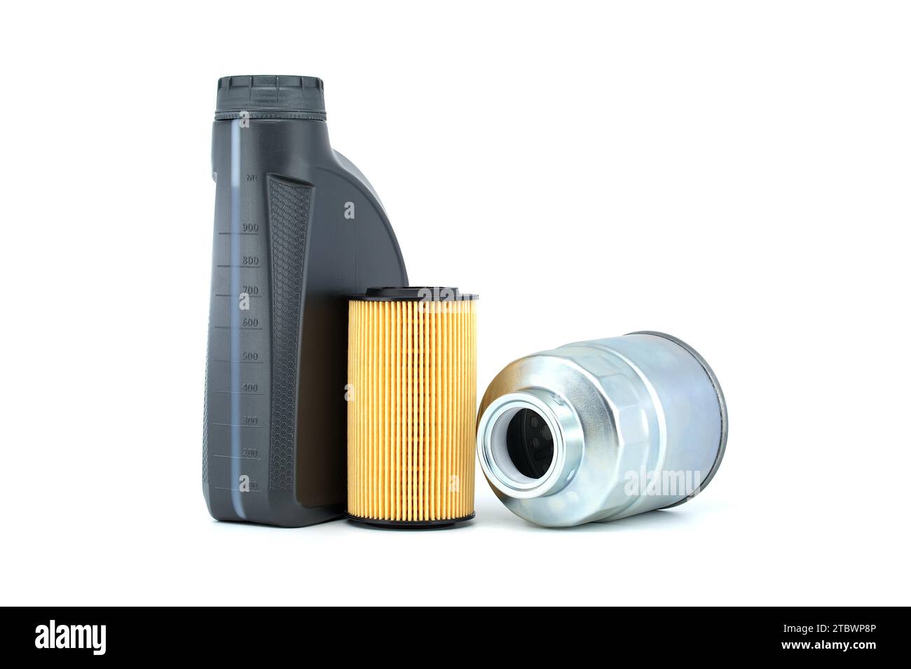 Vehicle engine oil filters and motor oil can isolated on a white background. Containers, plastic storage or oil and filter replacing maintenance Stock Photo