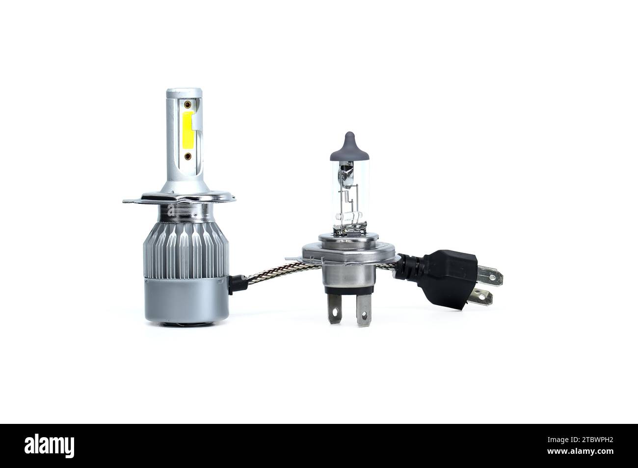 4 halogen lamp and LED headlight bulbs isolated on white background, vehicles parts and