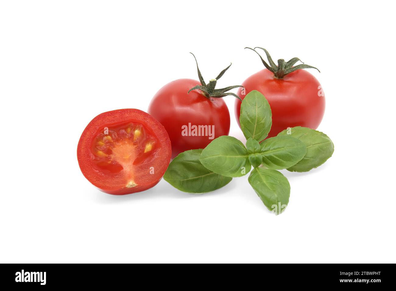 Cherry tomatoes with basil leaves isolated on white background Stock Photo