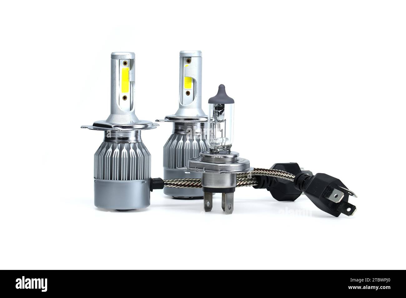 H4 halogen lamp and LED headlight bulbs isolated on white background