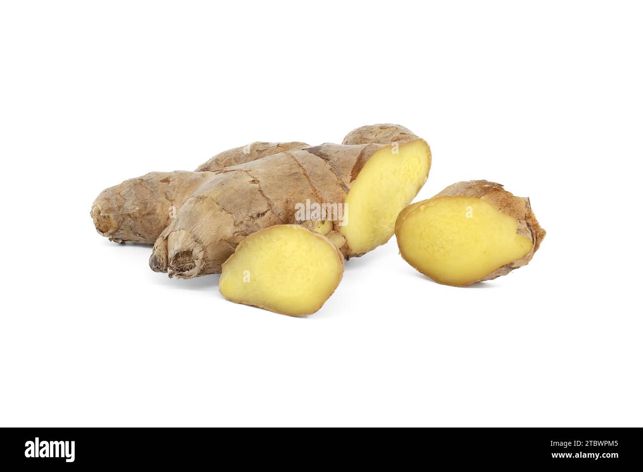 Fresh ginger root with slices isolated on white background Stock Photo
