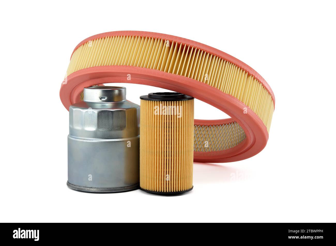 Vehicle engine round air filter, fuel and oil filters isolated on a