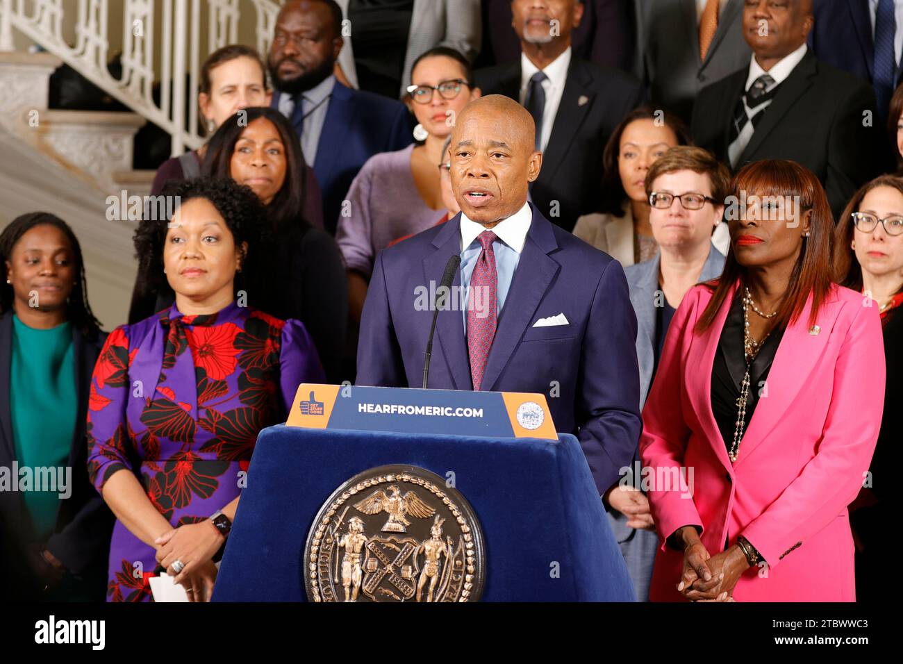 City Hall, New York, USA, December 08, 2023 - Mayor Eric Adams announces the appointment of Lynelle Maginley-Liddie as the 38th commissioner of the New York City Department of Correction (DOC). Photo: Luiz Rampelotto/EuropaNewswire Editorial Use Only Stock Photo