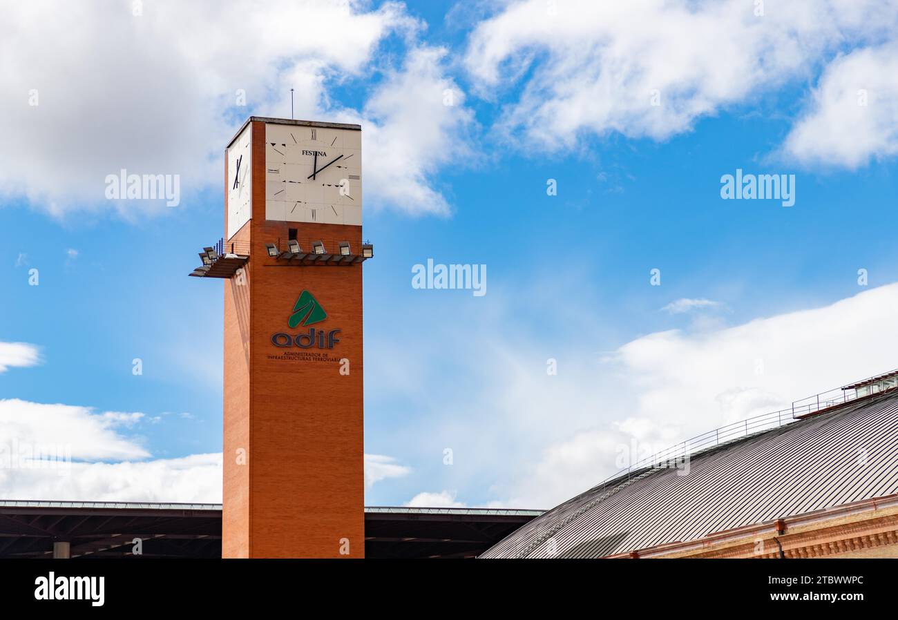 A picture of the clock tower of the Atocha Railway Station Stock Photo