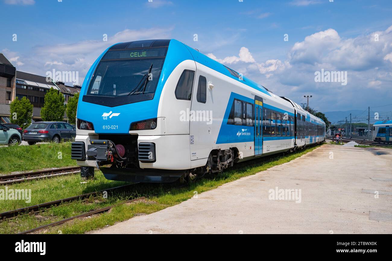 A picture of a train from Slovenian Railways stationed in Celje Stock Photo