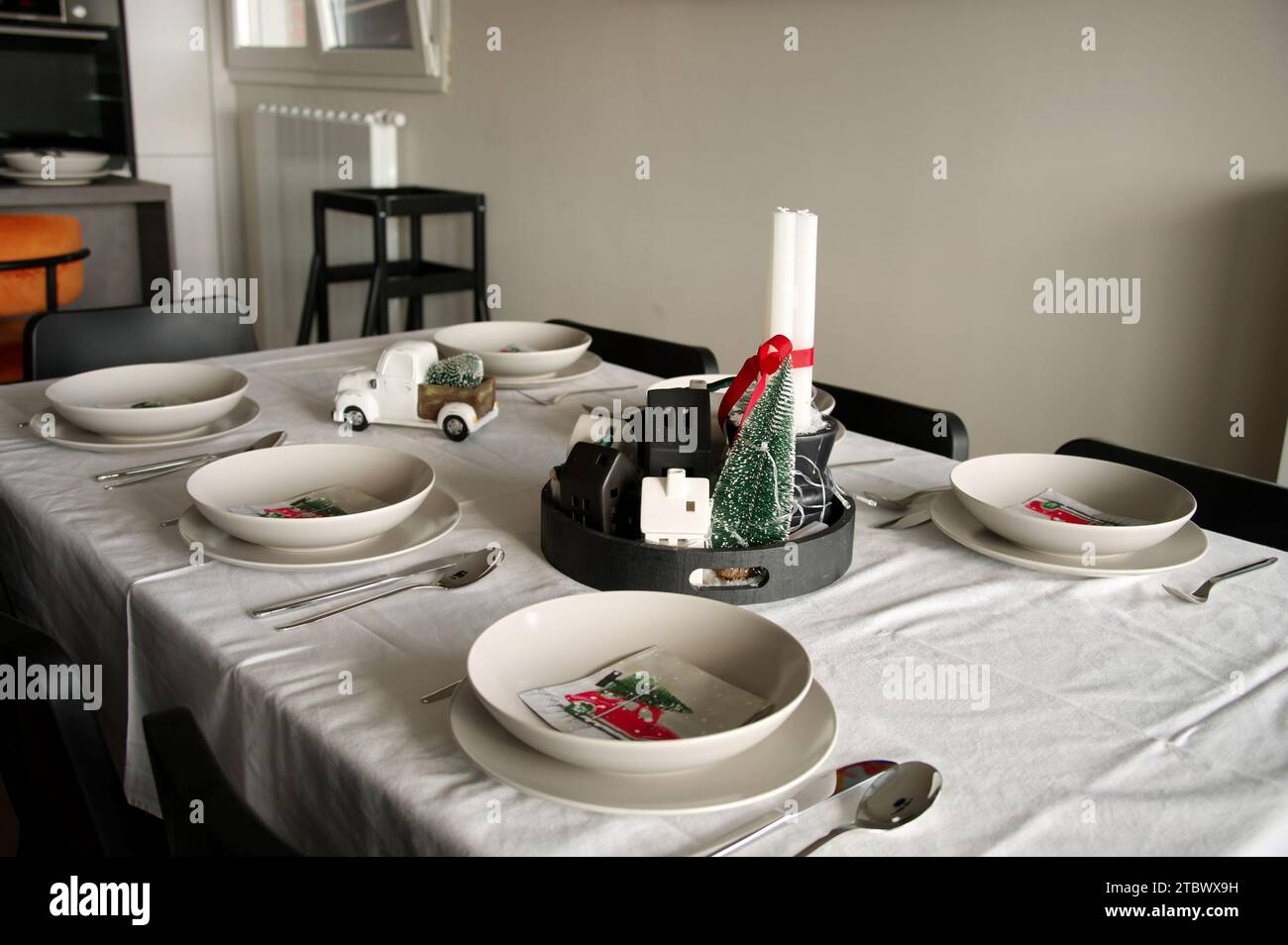 Table decorated for Christmas dinner Stock Photo