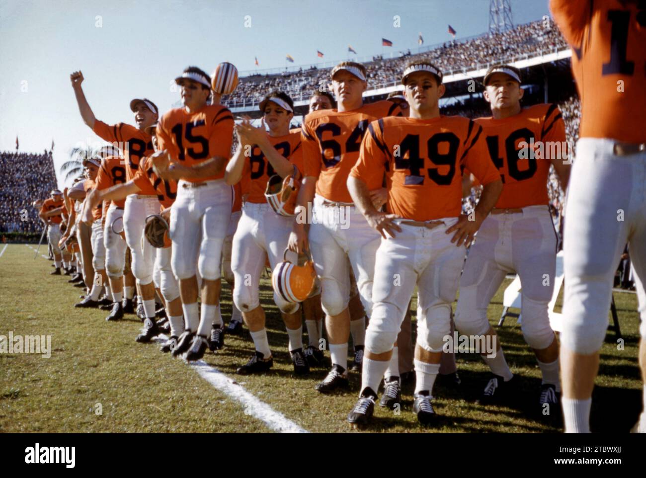 MIAMI, FL 1950's General view of college football team standing on