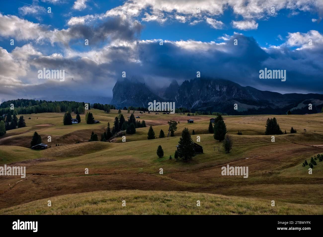 Hilly agricultural countryside with wooden huts and trees at Seiser Alm, Alpe di Siusi, in autumn at sunrise. Stock Photo