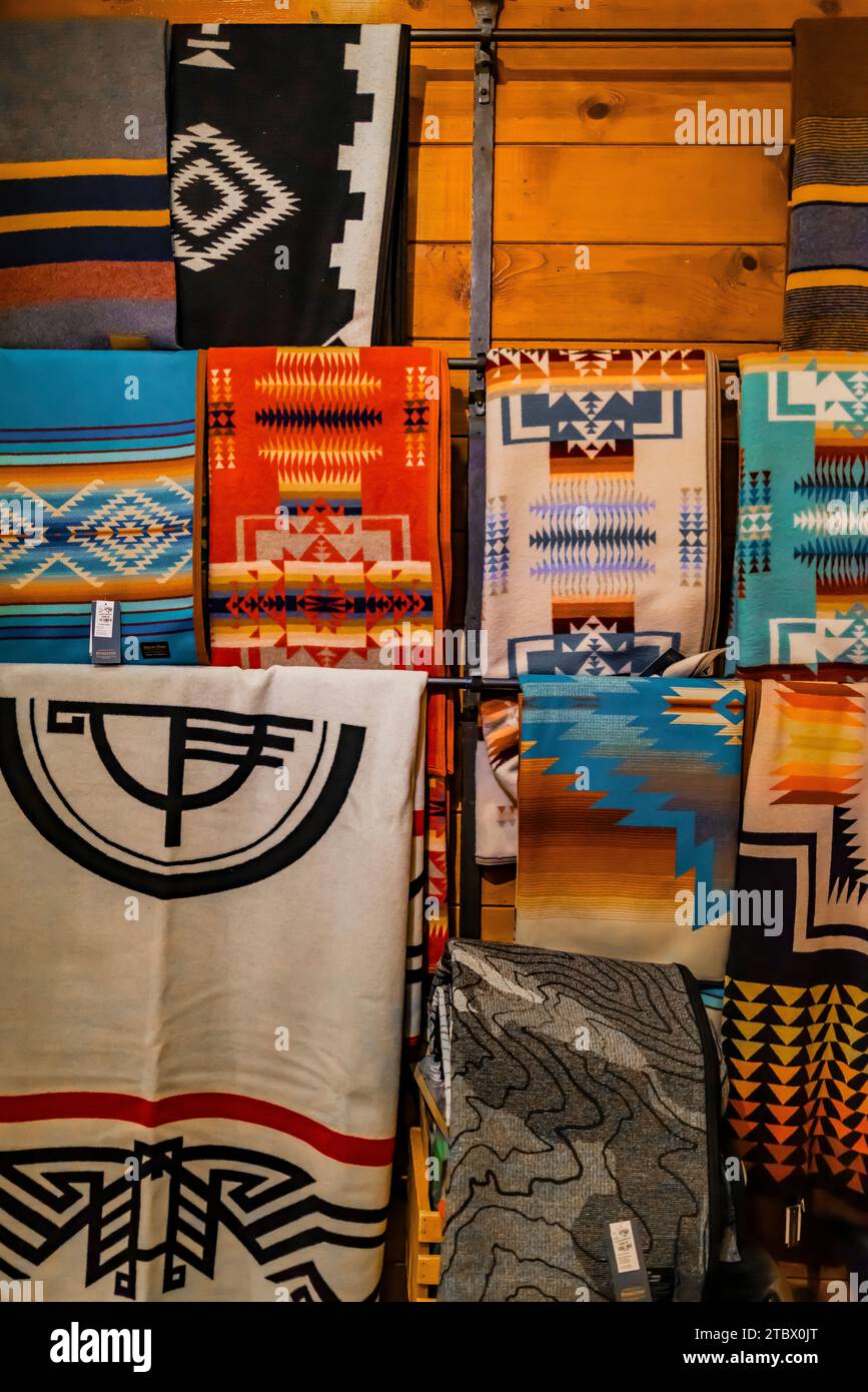 Pendleton blankets for sale in Timberline Lodge on Mt. Hood, Mt. Hood National Forest, Oregon, USA [No property release; editorial licensing only] Stock Photo