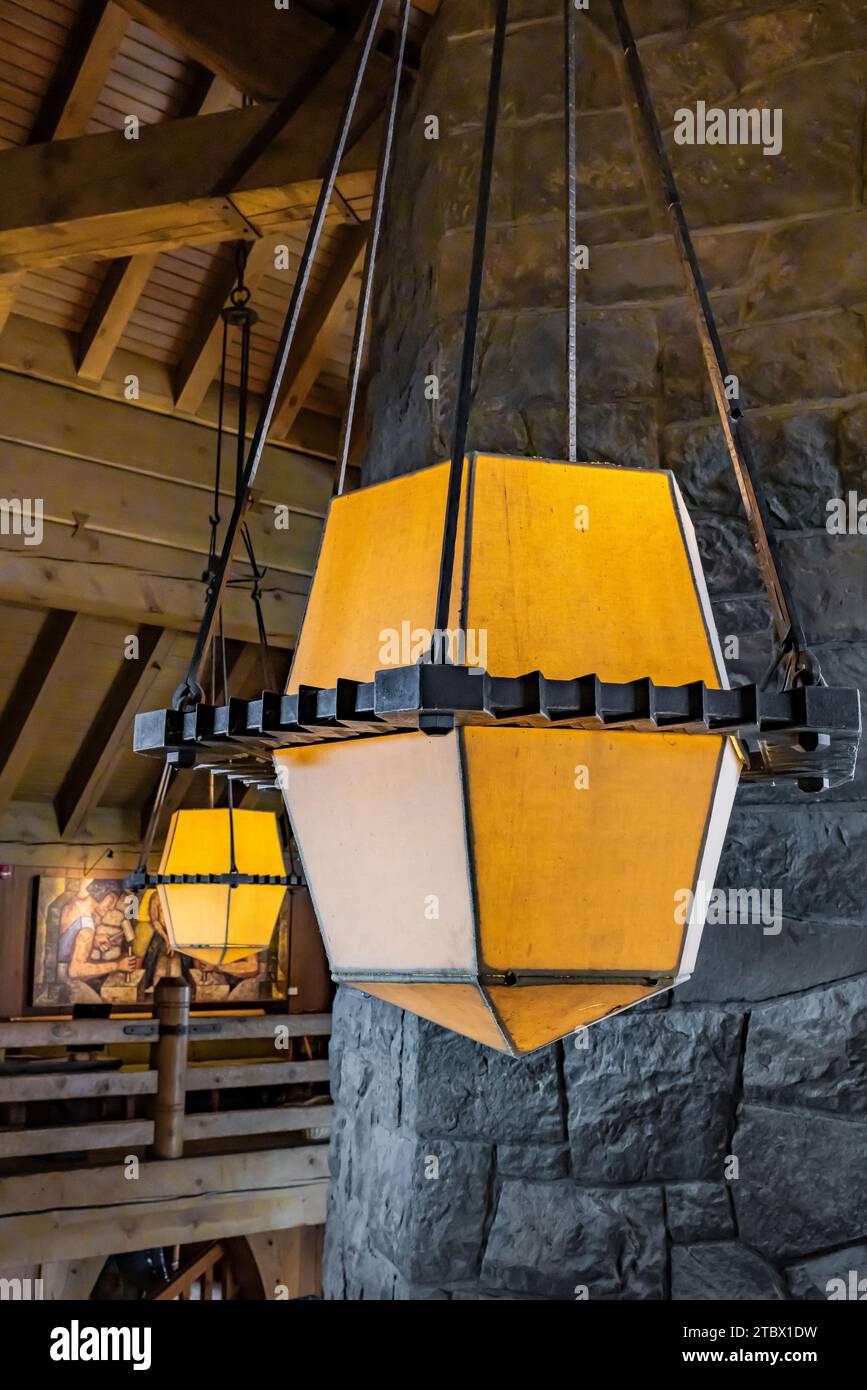 Classic light fixtures in Timberline Lodge on Mt. Hood, Mt. Hood National Forest, Oregon, USA Stock Photo