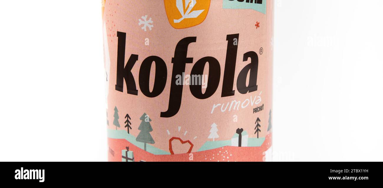 Nova Bana, Slovakia - December , 4, 2023 : Rum flavoured Kofola bottle isolated on white background. Kofola is a carbonated soft drink. Alcohol flavou Stock Photo