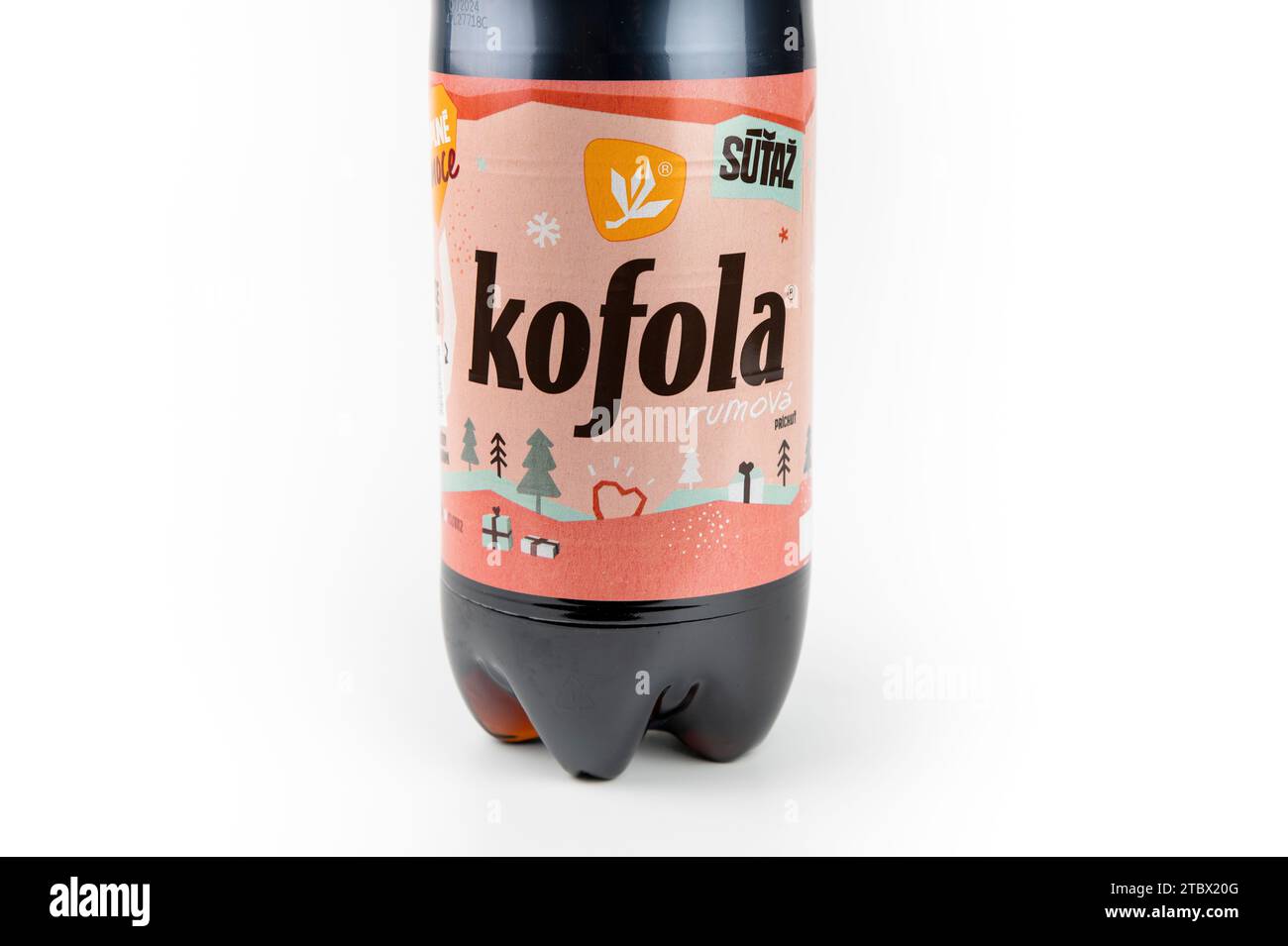 Nova Bana, Slovakia - December , 4, 2023 : Rum flavoured Kofola bottle isolated on white background. Kofola is a carbonated soft drink. Alcohol flavou Stock Photo