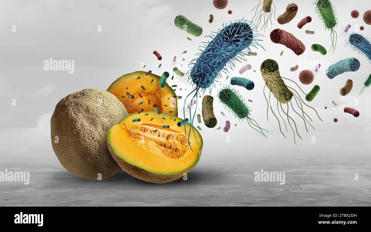Cantaloupe Salmonella Outbreak and fresh produce bacteria  Public Health and germs on fruit and vegetables as a the health risk of ingesting contamina Stock Photo