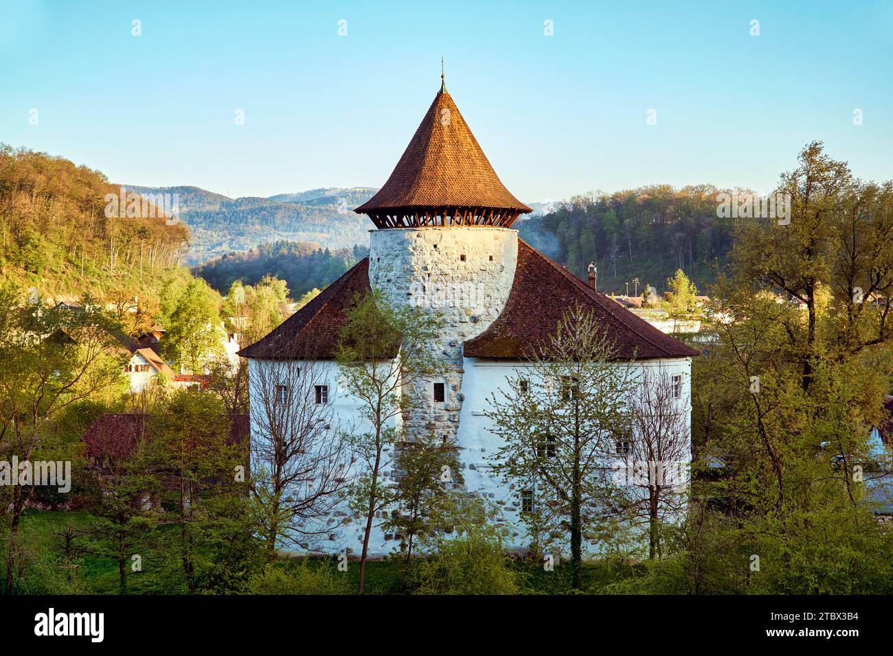 Switzerland, Baselland, Baselbiet, Laufental, Zwingen, Zwingen BL, moated castle, spring Stock Photo