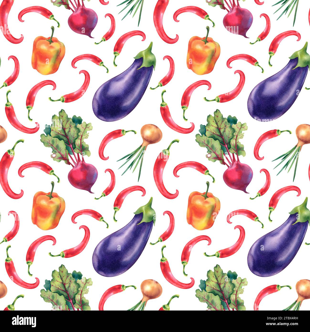 Watercolor seamless pattern of vegetables, eggplant, chili pepper