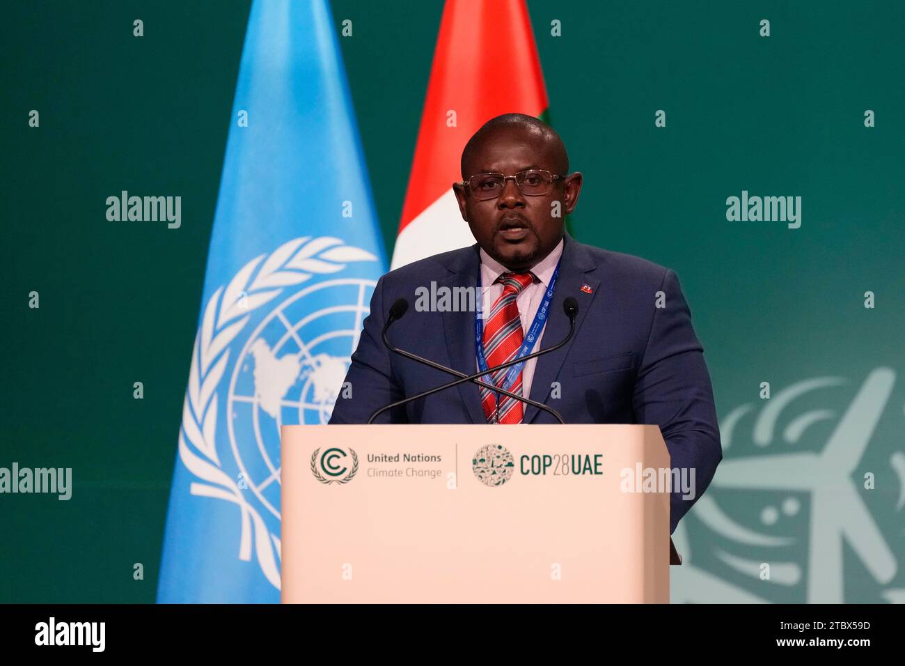 Haiti Minister of Environment James Cadet speaks during a plenary