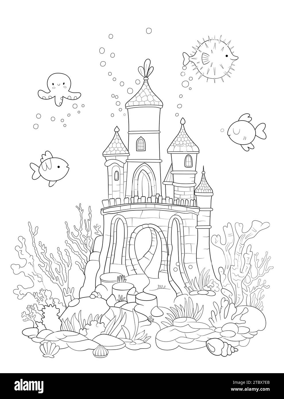Mermaid s castle line illustration. Coloring book page, black and white. Doodle style, Hand draw. sea inhabitants and seaweed Stock Vector