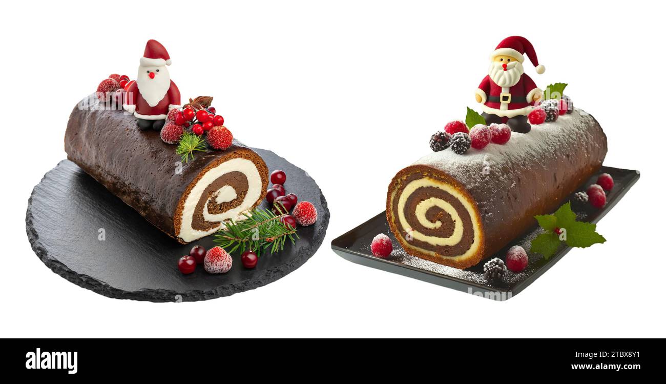 Pair of Chocolate Yule Log Cakes Decorated with Santa Claus and Holly Berries on White Backdrop Stock Photo