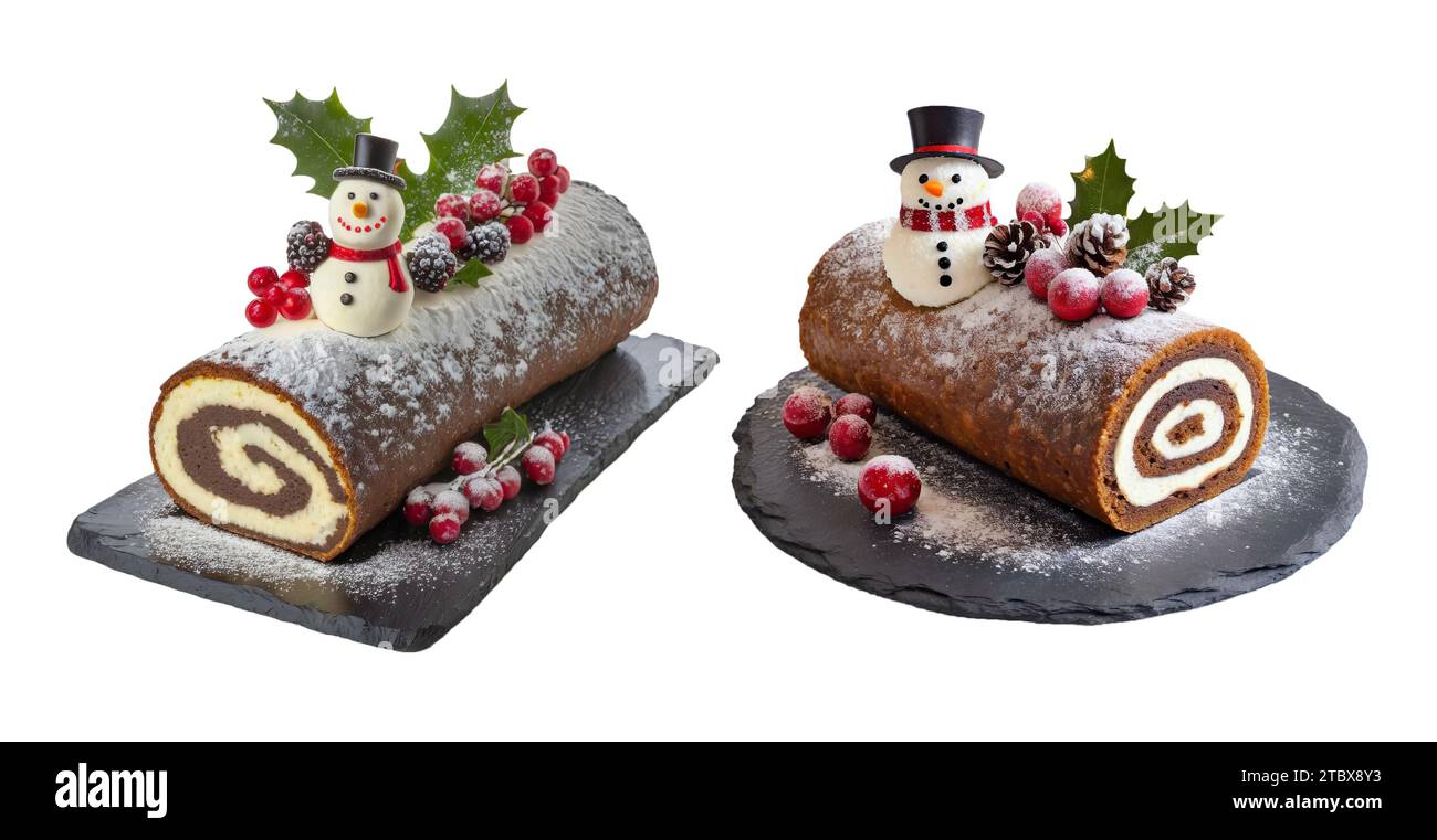 Pair of Chocolate Yule Log Cakes Decorated with Snowman and Holly Berries on White Backdrop Stock Photo