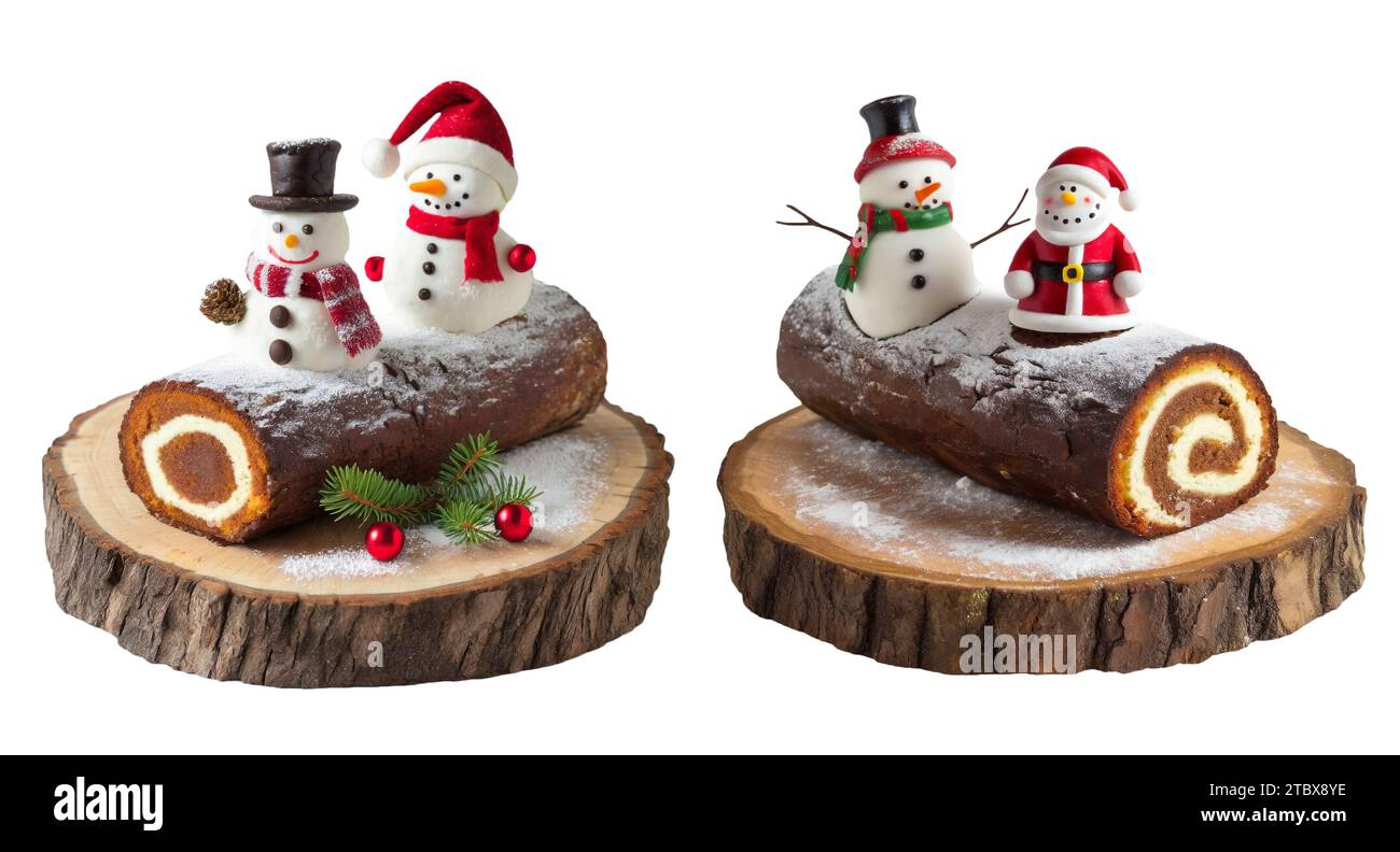 Pair of Chocolate Yule Log Cakes Decorated with Santa Claus and Snowman on White Backdrop Stock Photo