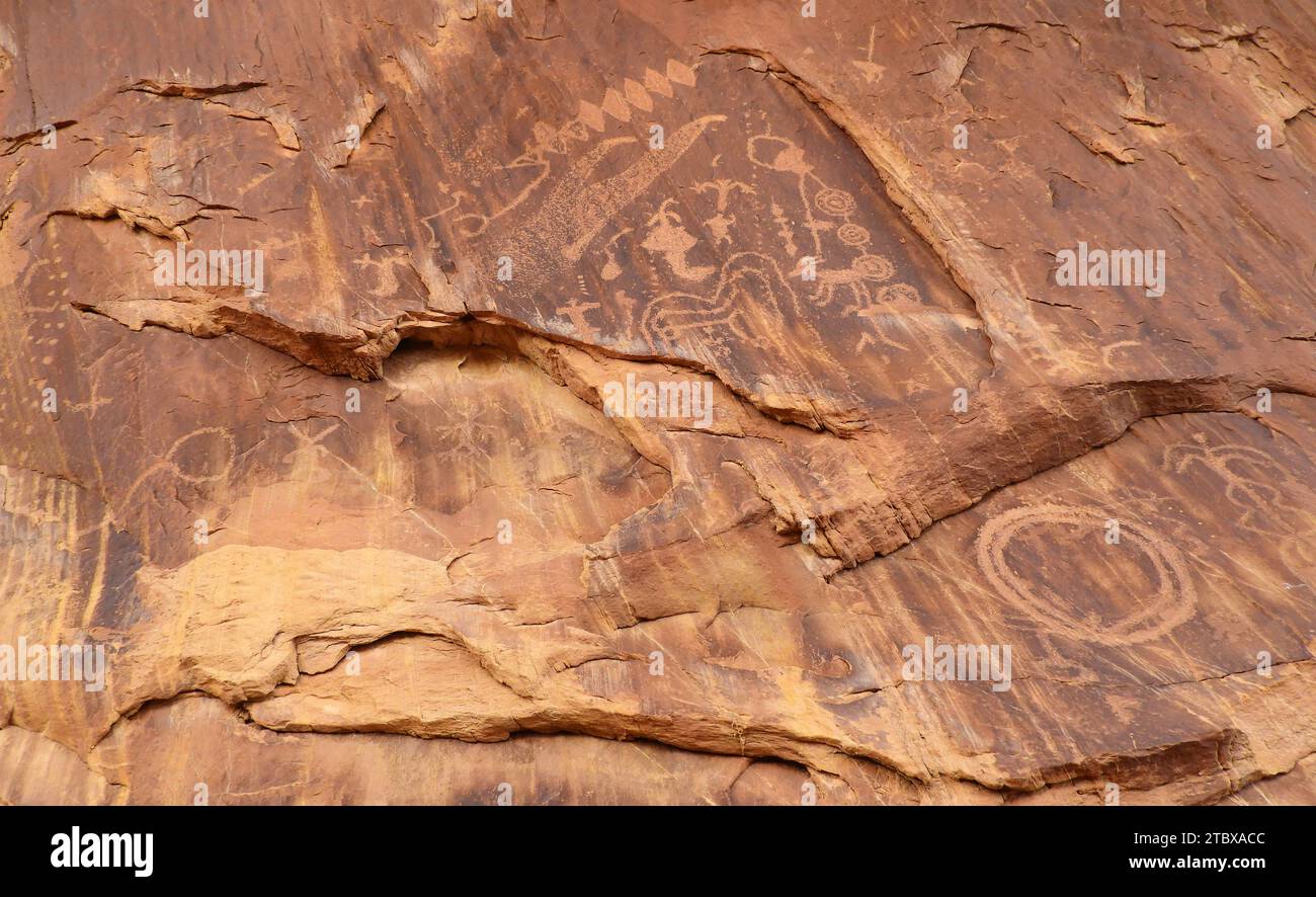 a panel of ancient native american petroglyphs in three fingers canyon in the san rafael swell near green river, utah Stock Photo