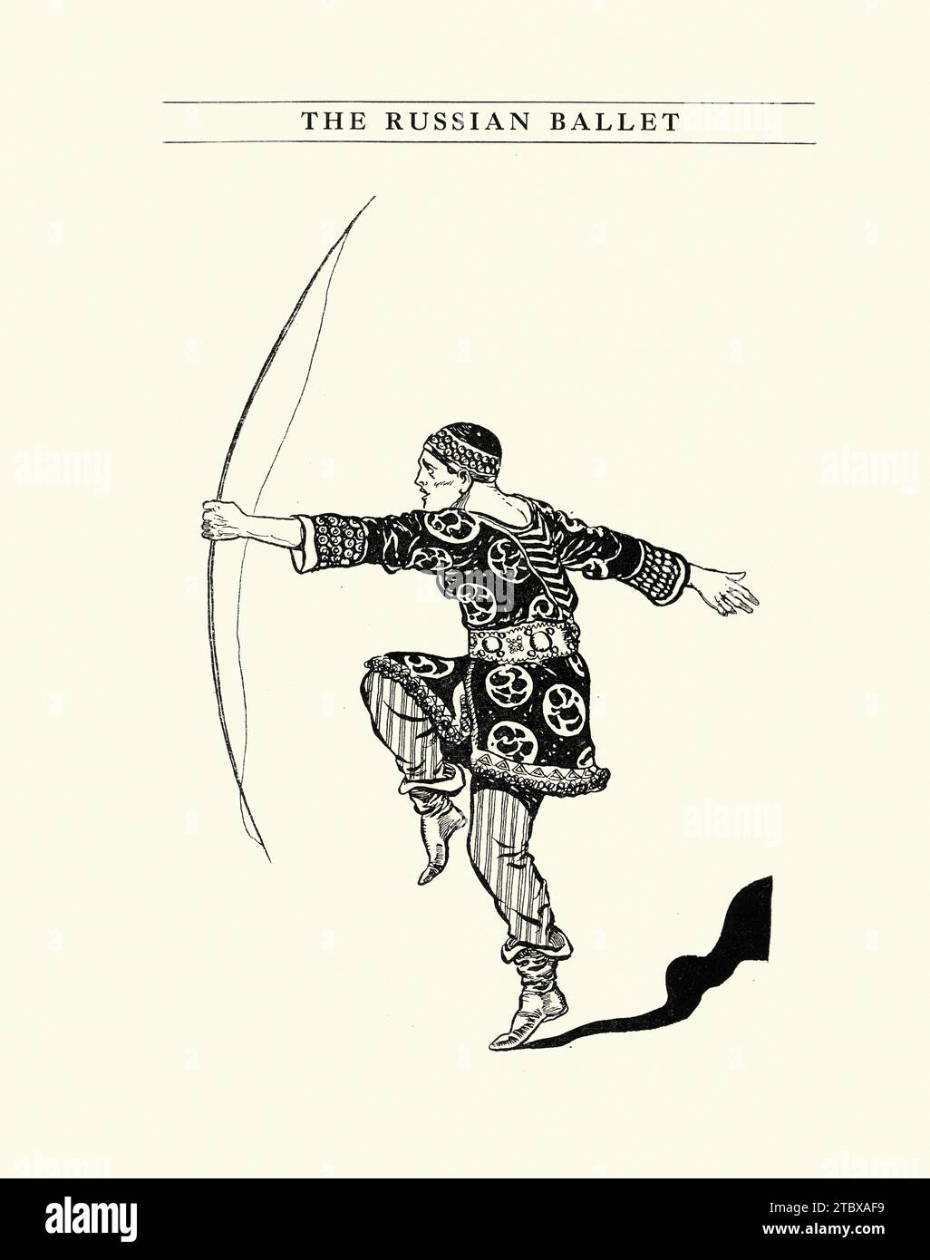 Man shooting bow and arrow, Russian, Costume design for the Opera ballet Prince Igor which recounts the campaign of the 12th-century prince Igor Svyatoslavich against the invading Cuman Stock Photo