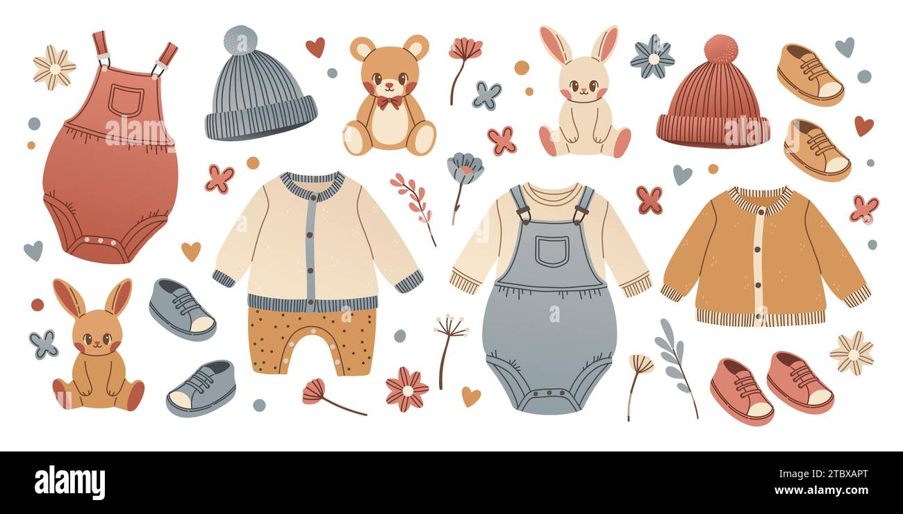 Baby toys and clothes set in hand drawn style. Bunny and teddy bear for ...