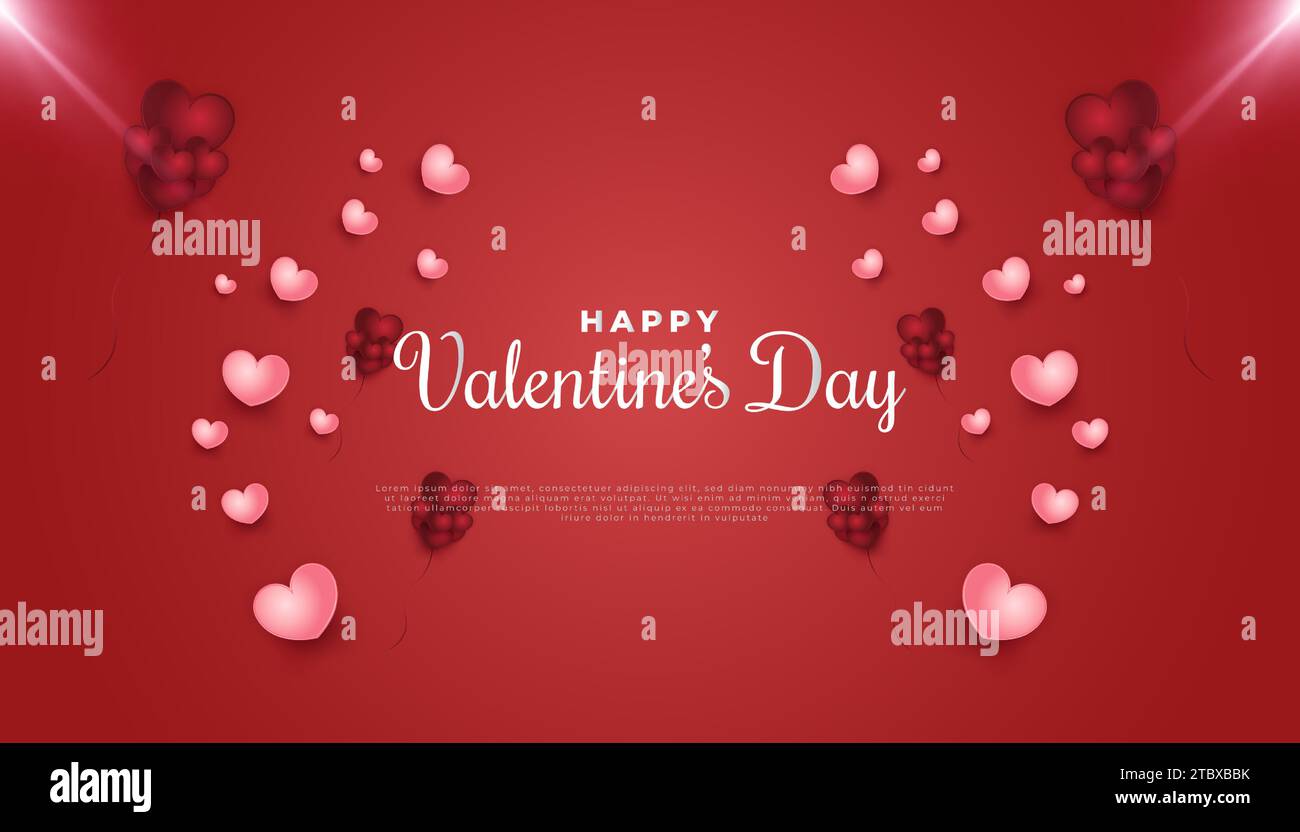 Valentine's day greeting banner with 3d pink hearts spread on red ...