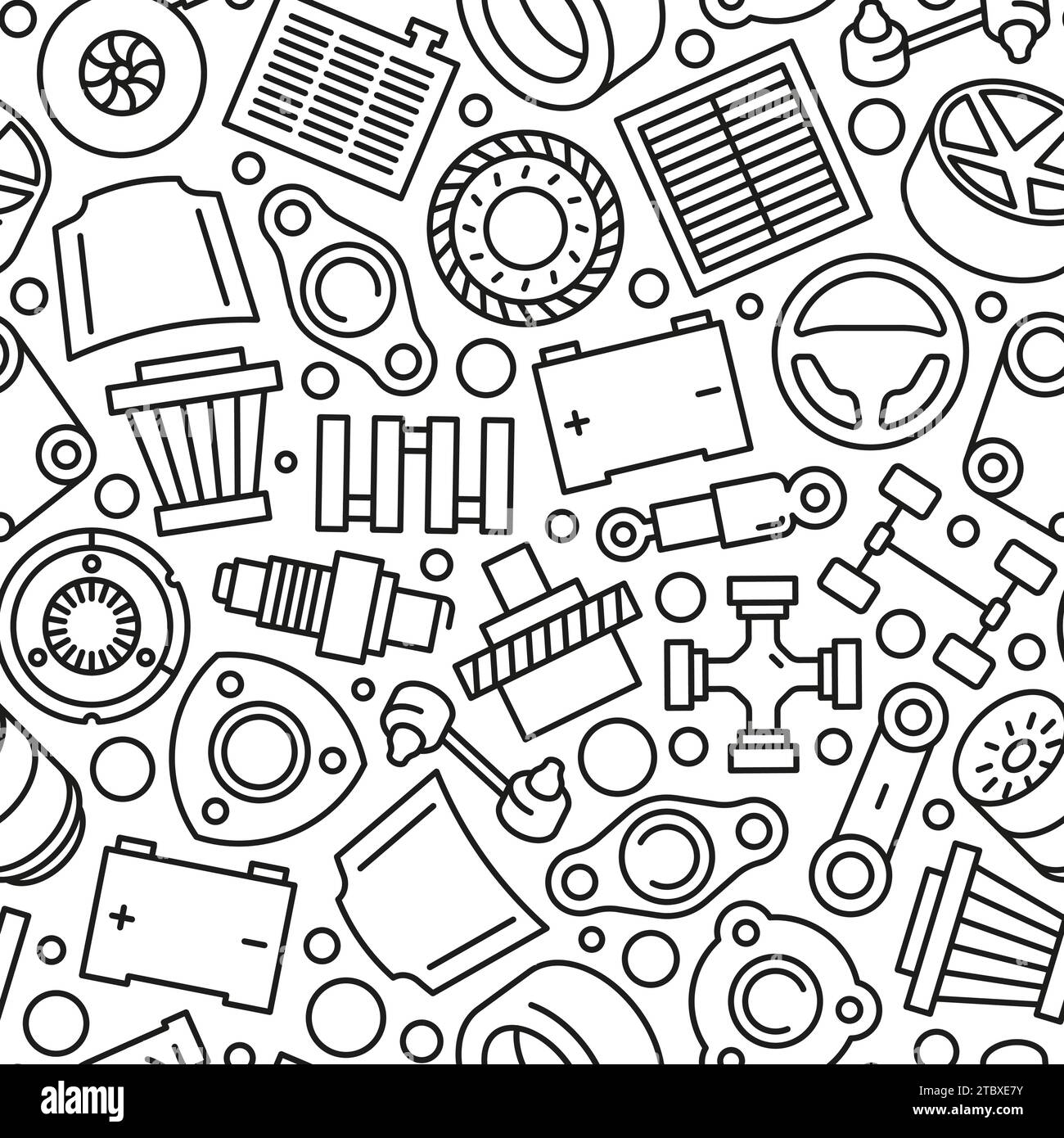 Auto spare parts pattern. Seamless print of mechanic car parts, linear texture of oil filter, timing belt, radiator and spark plug. Vector texture with vehicle components as steering wheel, engine Stock Vector