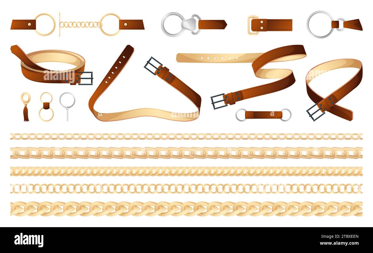 Fashion belts and chains. Abstract decorative fashion accessories, trendy fashion chain and buckle accessories for male and female. Vector set of fashion chain seamless illustration Stock Vector