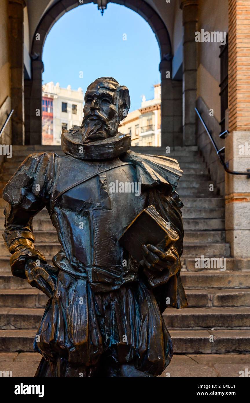 Sculpture, statue, or monument honoring Miguel de Cervantes Saavedra, the author and writer of Don Quixote. Stock Photo
