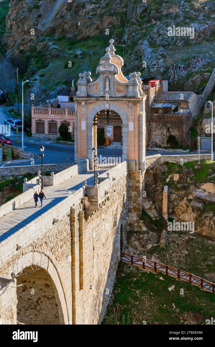 Ancient Bridge of Alcantara over the river Tajo or Tagus River. Stock Photo