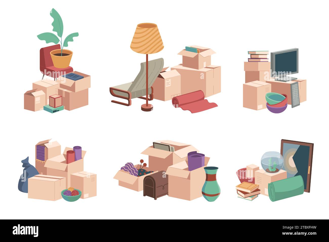 Piles of moving boxes. Packed empty boxes for storage and relocation