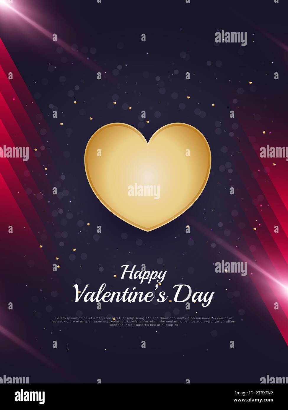 Happy Valentine's Day greeting card with 3d gold hearts and glitter effect on dark background. Holiday gift card Stock Vector