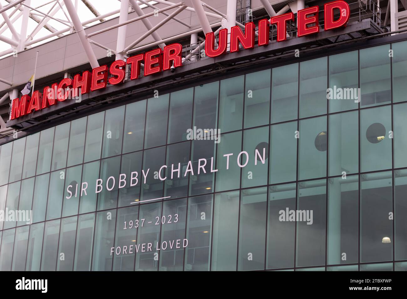 Sir Bobby Charlton tribute on Old Trafford Manchester United football stadium. Manchester UK Stock Photo